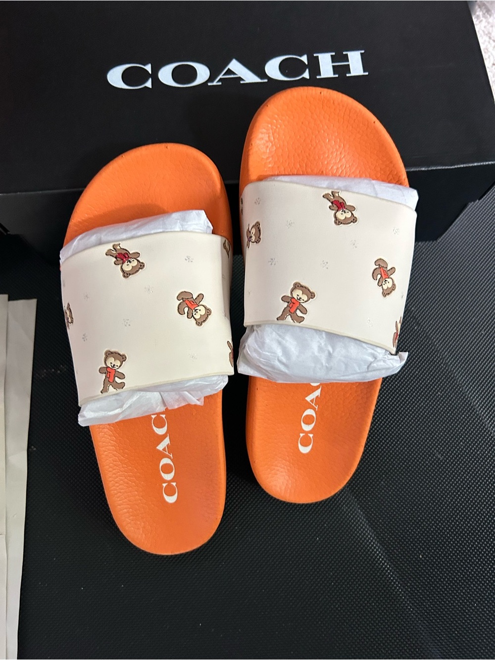 Coach Udele Sport Pool Slides Snowy Bear Chalk/Orange Women's Size 6